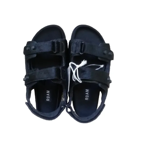 ROAM Black Calfhair Comfy Strappy Sandals Memory Foam Hug-Fit Shoes  NWT