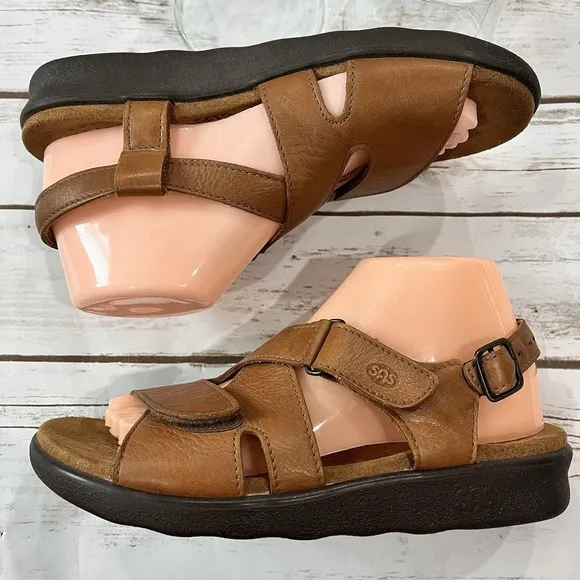 SAS Huggy Sandal Shoes Women US 8.5 N EU 39 Leather Comfort Caramel Cognac Brown