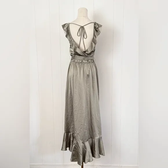 Show Me Your Mumu Samantha Ruffle Wrap Dress Moss Green Luxe Satin Large