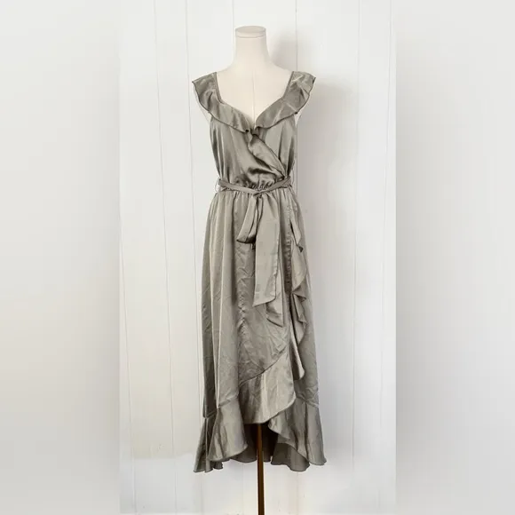 Show Me Your Mumu Samantha Ruffle Wrap Dress Moss Green Luxe Satin Large