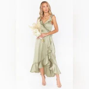 Show Me Your Mumu Samantha Ruffle Wrap Dress Moss Green Luxe Satin Large