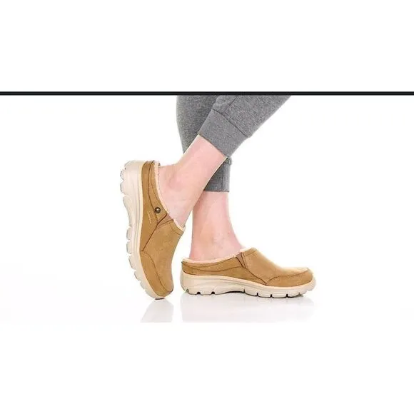 Skechers Womens Easy Going Memory Foam Slip On Open Back Mule Shoes Tan Size 7.5