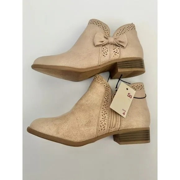 SO Alexa Taupe Tan Sparkle Cut Out Bow Faux Suede Girls Ankle Boots Shoes Size 3
