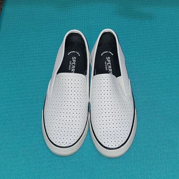 Sperry Pier Side White Perforated Leather Low Slip-On Memory Foam Shoes Size 7.5