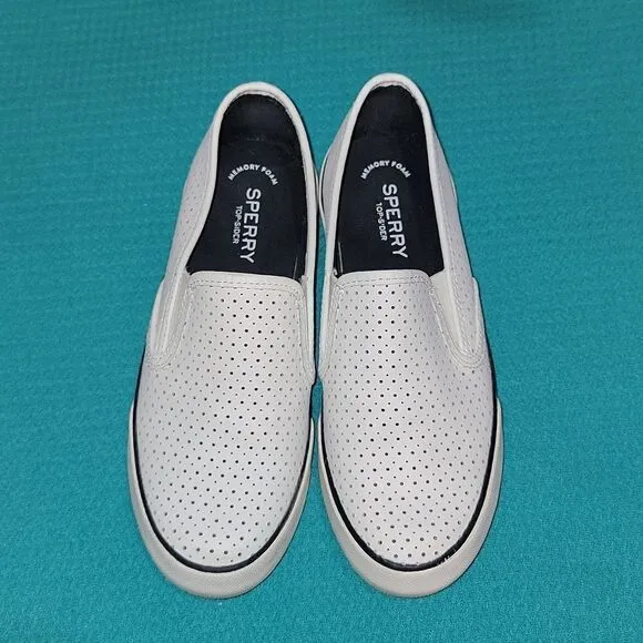 Sperry Pier Side White Perforated Leather Low Slip-On Memory Foam Shoes Size 7.5