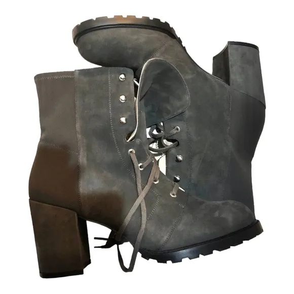 Stuart Weitzman Savannah Grey Suede Leather laceup granny ankle boots size 12/13