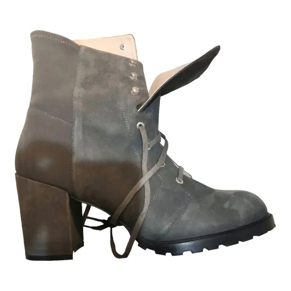 Stuart Weitzman Savannah Grey Suede Leather laceup granny ankle boots size 12/13