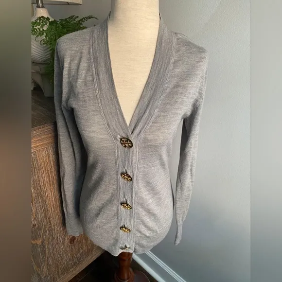 Tory Burch Gold Logo Button Gray Cardigan Sweater Small