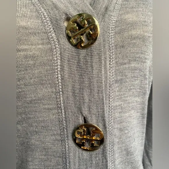 Tory Burch Gold Logo Button Gray Cardigan Sweater Small