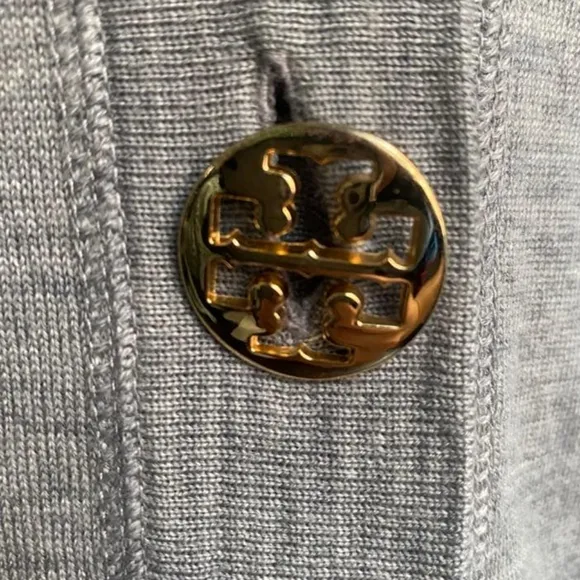Tory Burch Gold Logo Button Gray Cardigan Sweater Small