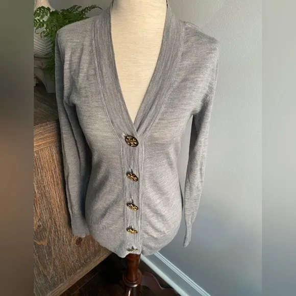 Tory Burch Gold Logo Button Gray Cardigan Sweater Small