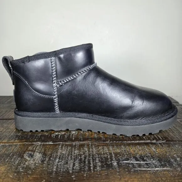 UGG Classic Ultra Mini LTHR Regen Womens Size 8 Slip On Shoes Boots Lined Black