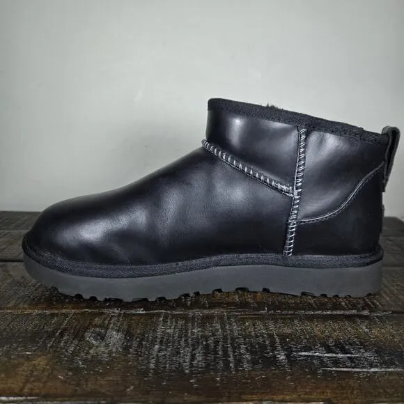 UGG Classic Ultra Mini LTHR Regen Womens Size 8 Slip On Shoes Boots Lined Black