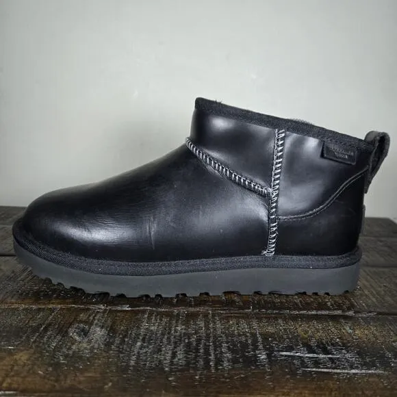 UGG Classic Ultra Mini LTHR Regen Womens Size 8 Slip On Shoes Boots Lined Black