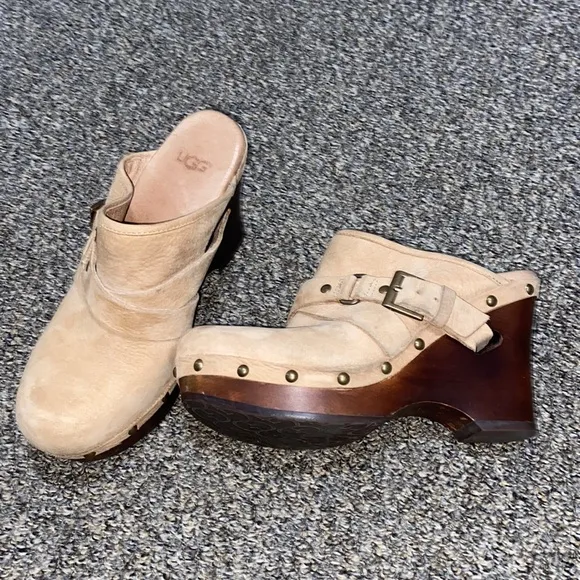 Ugg Clogs Sz 6 Leather Boho Natalee Studded Wedge Light Brown 1001315 Tan Wood