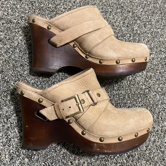 Ugg Clogs Sz 6 Leather Boho Natalee Studded Wedge Light Brown 1001315 Tan Wood