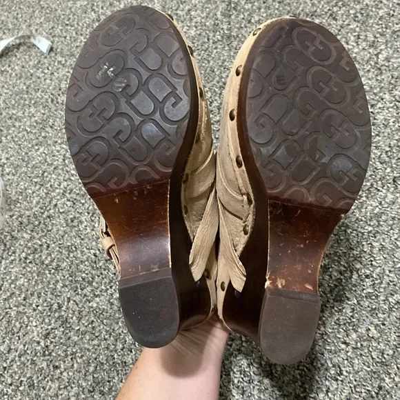 Ugg Clogs Sz 6 Leather Boho Natalee Studded Wedge Light Brown 1001315 Tan Wood