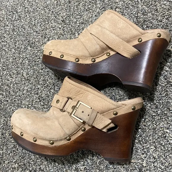 Ugg Clogs Sz 6 Leather Boho Natalee Studded Wedge Light Brown 1001315 Tan Wood