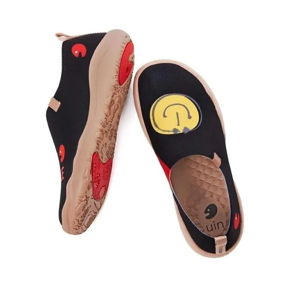 UIN Women's Slip On Fashion Sneakers Casual Comfort Soft Shoes (Smiley- Black)