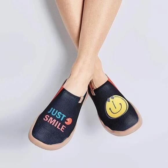 UIN Women's Slip On Fashion Sneakers Casual Comfort Soft Shoes (Smiley- Black)