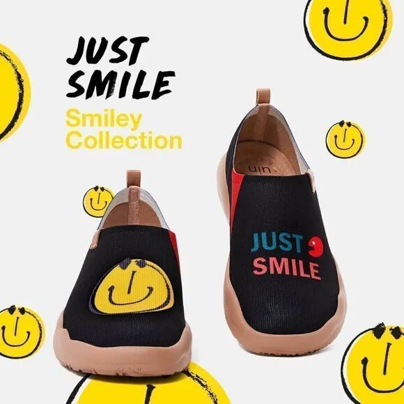 UIN Women's Slip On Fashion Sneakers Casual Comfort Soft Shoes (Smiley- Black)