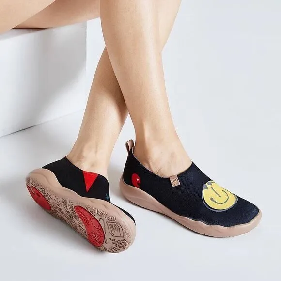 UIN Women's Slip On Fashion Sneakers Casual Comfort Soft Shoes (Smiley- Black)