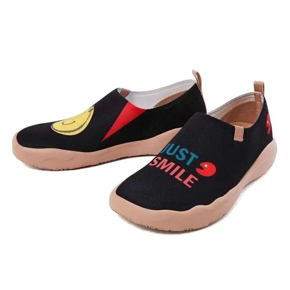 UIN Women's Slip On Fashion Sneakers Casual Comfort Soft Shoes (Smiley- Black)