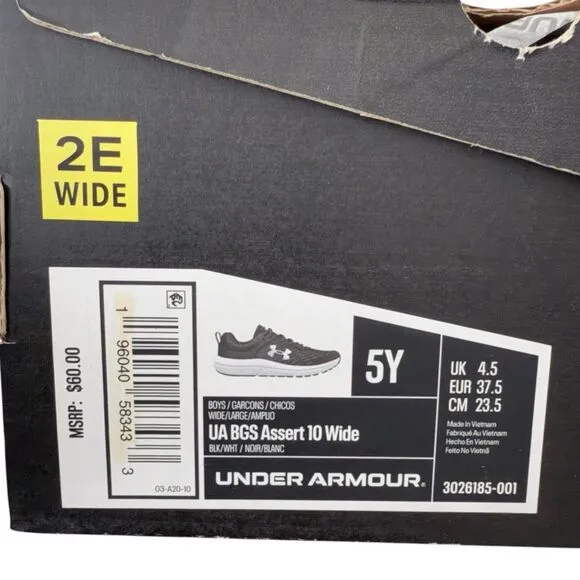 Under Armour BGS Assert 10 Wide Black White Boys Grade School Shoes Size 5 Y