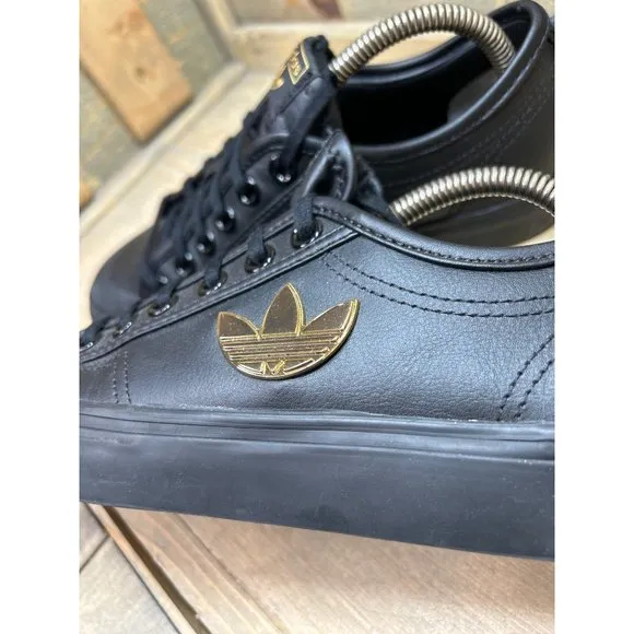 US7 Adidas Nizza Trefoil Shoes Women's Black Leather 3D Gold Leaf Logo HipHop