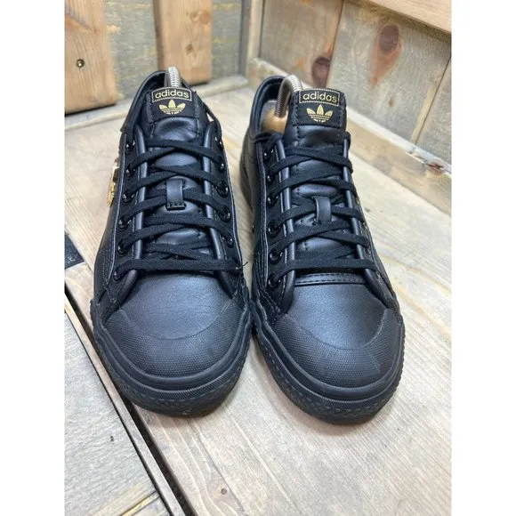 US7 Adidas Nizza Trefoil Shoes Women's Black Leather 3D Gold Leaf Logo HipHop