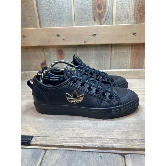 US7 Adidas Nizza Trefoil Shoes Women's Black Leather 3D Gold Leaf Logo HipHop