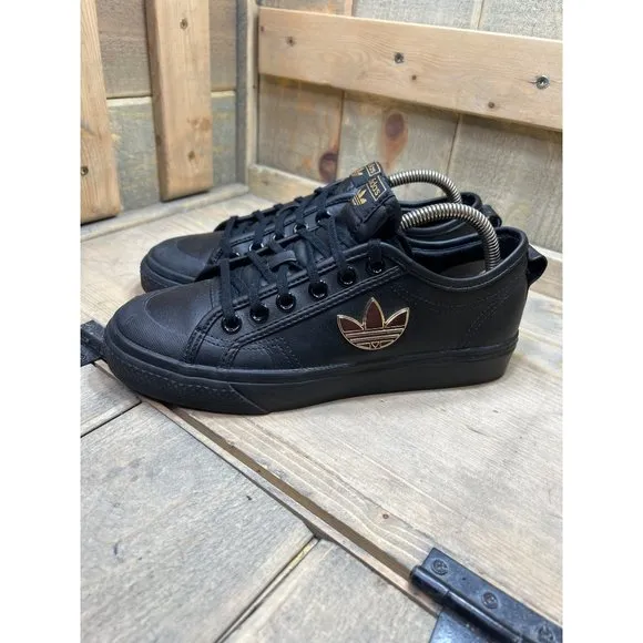 US7 Adidas Nizza Trefoil Shoes Women's Black Leather 3D Gold Leaf Logo HipHop
