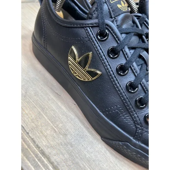 US7 Adidas Nizza Trefoil Shoes Women's Black Leather 3D Gold Leaf Logo HipHop