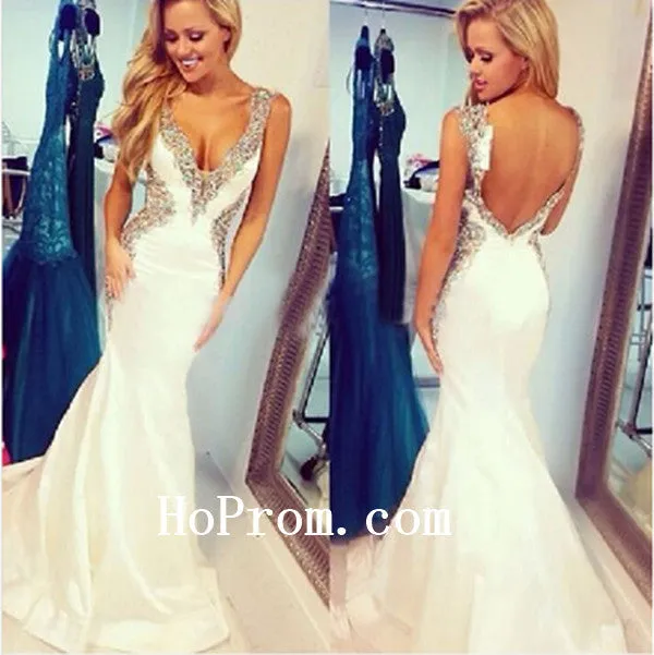 V-Neck White Prom Dresses,Backless Prom Dress,Evening Dress