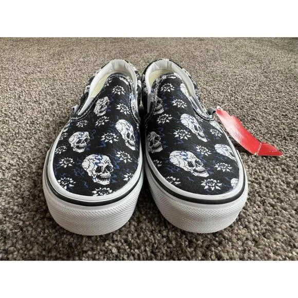Vans Slip On Flash Skulls Black Blue Flame White  Size US Mens 3.5 Womens 5