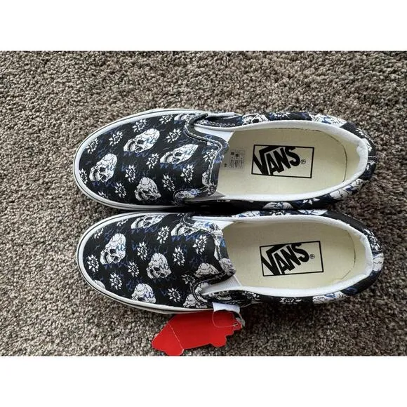 Vans Slip On Flash Skulls Black Blue Flame White  Size US Mens 3.5 Womens 5