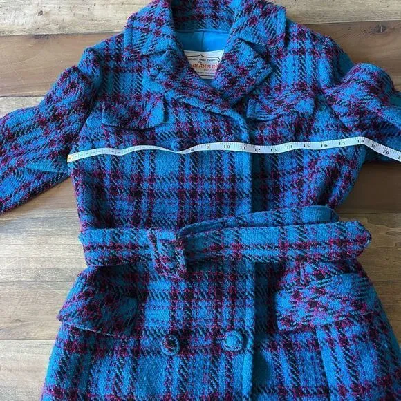 Vintage Teal Plaid Tweed Belted Jacket in Hand Tailored in 1969 by Sherman’s Inc