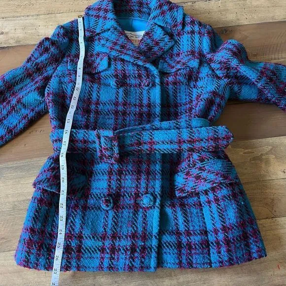 Vintage Teal Plaid Tweed Belted Jacket in Hand Tailored in 1969 by Sherman’s Inc