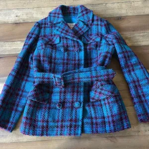 Vintage Teal Plaid Tweed Belted Jacket in Hand Tailored in 1969 by Sherman’s Inc