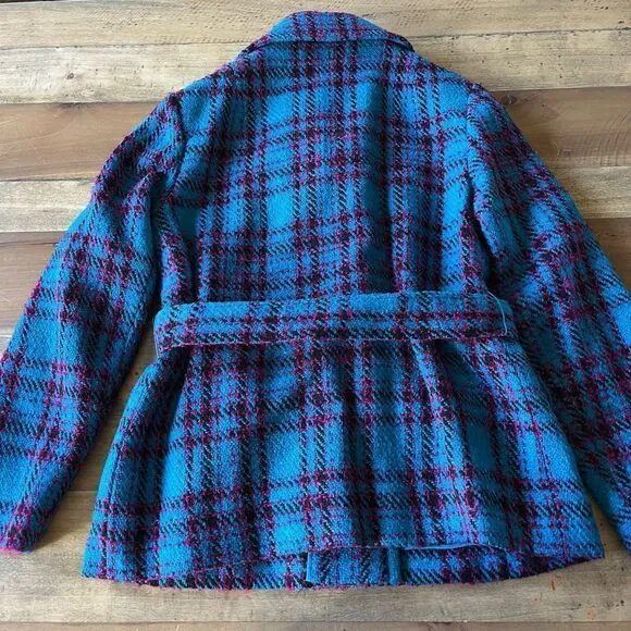 Vintage Teal Plaid Tweed Belted Jacket in Hand Tailored in 1969 by Sherman’s Inc