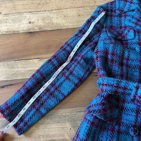 Vintage Teal Plaid Tweed Belted Jacket in Hand Tailored in 1969 by Sherman’s Inc