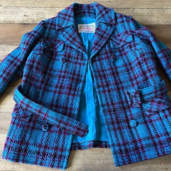 Vintage Teal Plaid Tweed Belted Jacket in Hand Tailored in 1969 by Sherman’s Inc