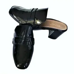 Vionic Plaza Annabel Mules Shoes Women 7.5 Black Patent Leather Block Heel NEW