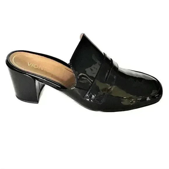 Vionic Plaza Annabel Mules Shoes Women 7.5 Black Patent Leather Block Heel NEW