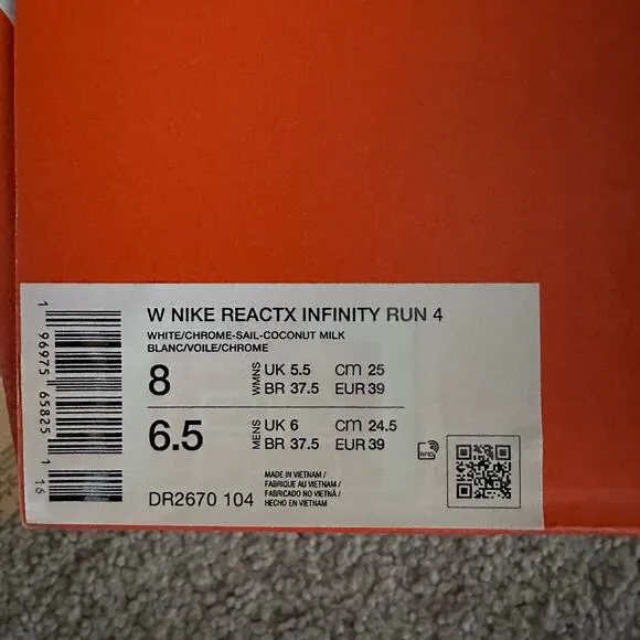 Women's Nike ReactX Infinity Run 4, Size 8, White NWT