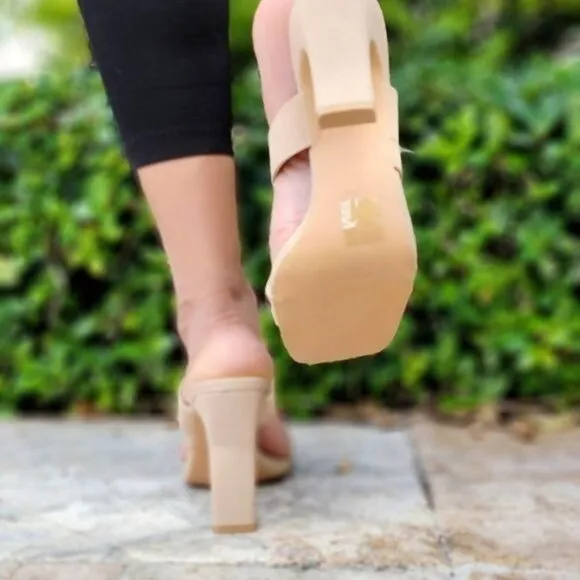 Women's Nude Square Toe Ring Strappy Heel Sandals